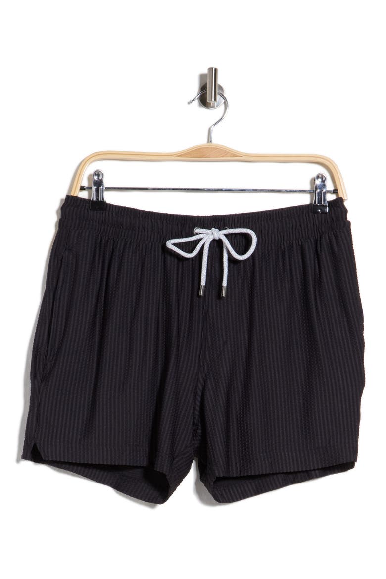 Seersucker Knit Shortie Swim Trunks, Main, color, BLACK