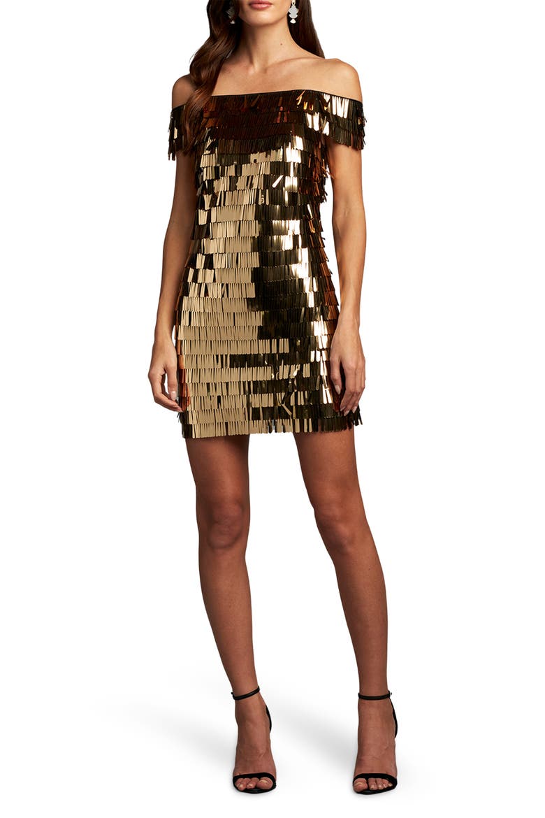 Sequin Fringe Off the Shoulder Dress, Main, color, GOLDEN