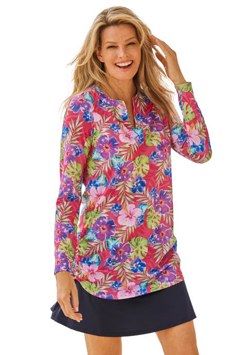 Split-Neck Long Sleeve Swim Tee With Built-In Bra (Plus)