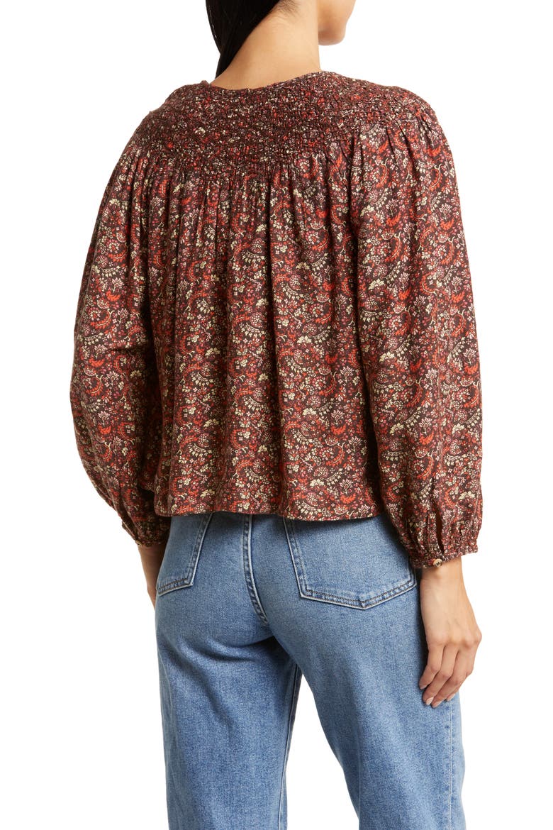 Print Smocked Peasant Blouse, Alternate, color, BROWN MULTI