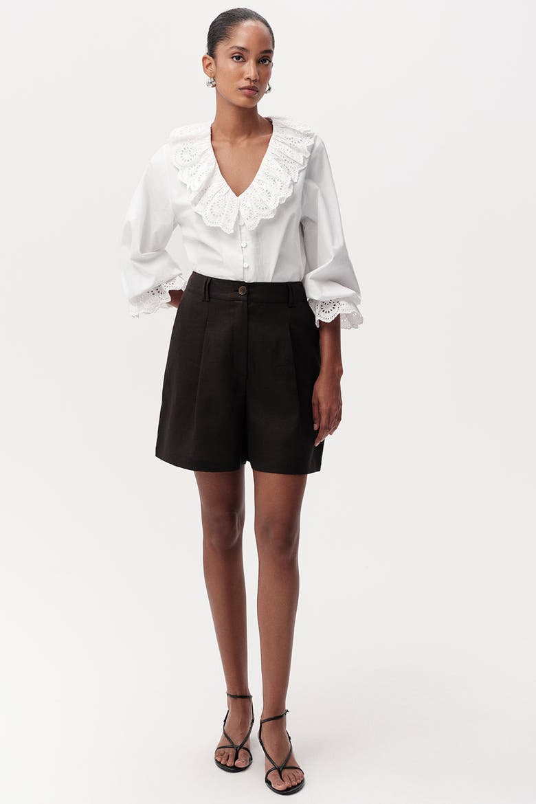 Donovan High Waist Pleated Linen Shorts, Main, color, Black