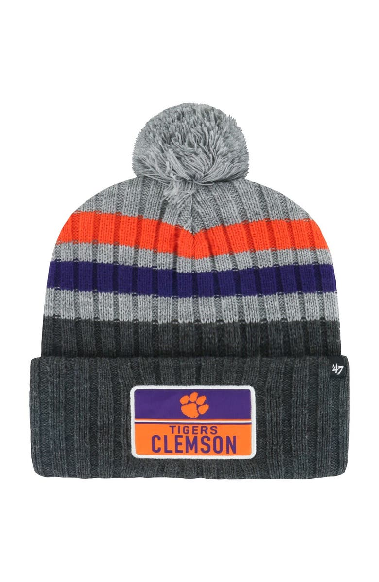 '47 Men's '47 Charcoal Clemson Tigers Stack Striped Cuffed Knit Hat with Pom, Main, color, Charcoal