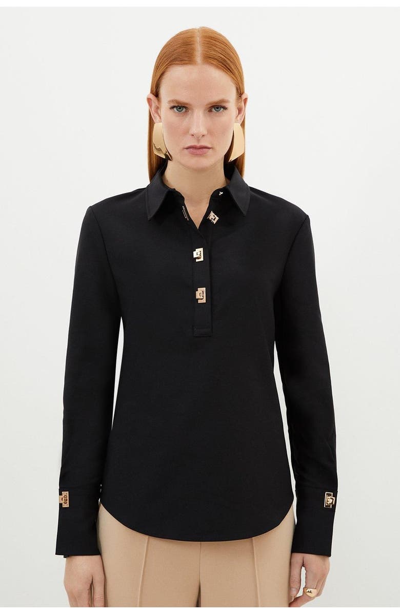 Karen Millen Techno Cotton Gold Clasp Shirt, Main, color, Black