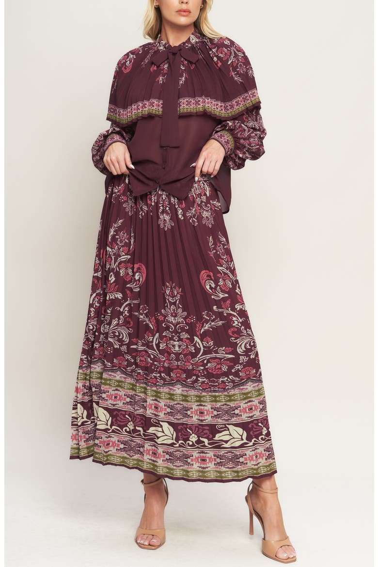 Pleated Cape Tie Neck Shirt, Alternate, color, BURGUNDY