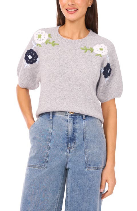 Floral Embroidered Short Sleeve Sweater