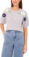 CeCe Floral Embroidered Short Sleeve Sweater