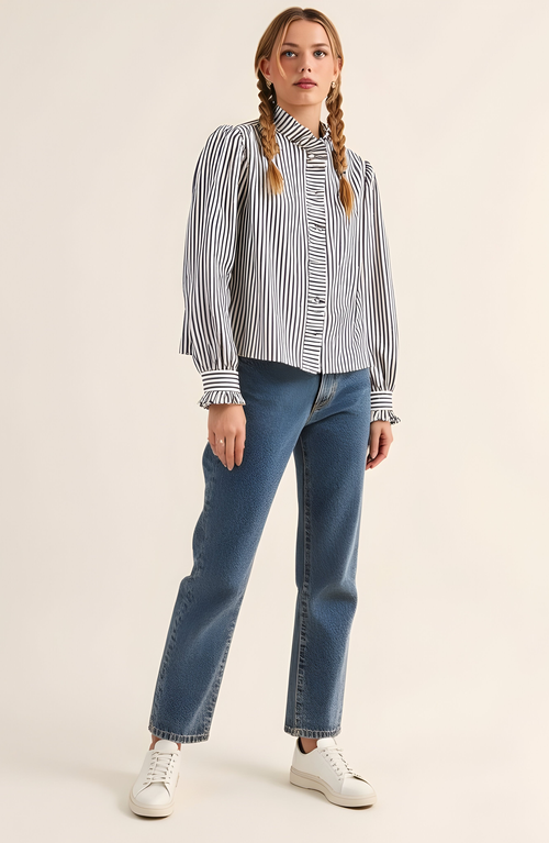 Modenaire Striped Puff Sleeve Blouse With Ruffled Trim And Covered Placket In Blue