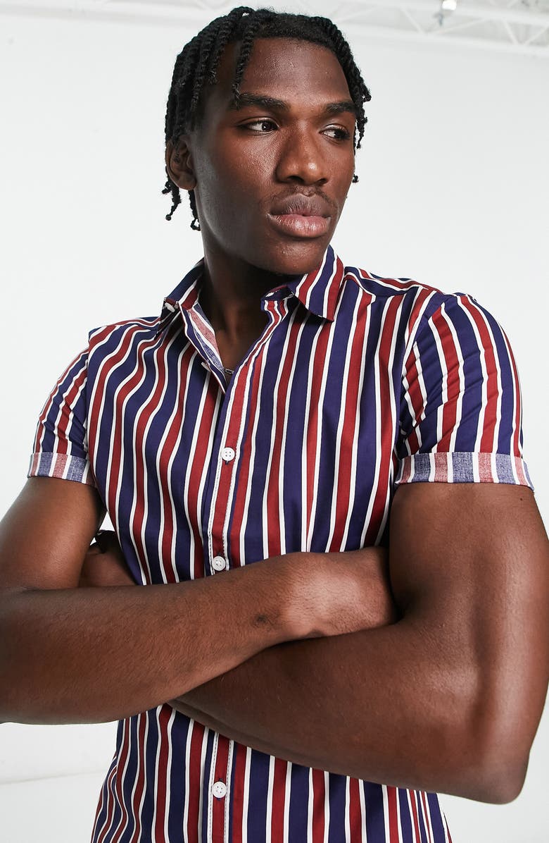 ASOS DESIGN Skinny Fit Stripe Short Sleeve Button-Up Shirt, Alternate, color, 