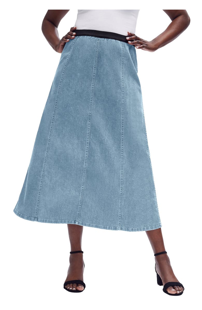 Jessica London Stretch Denim Jegging Skirt, Main, color, Light Wash