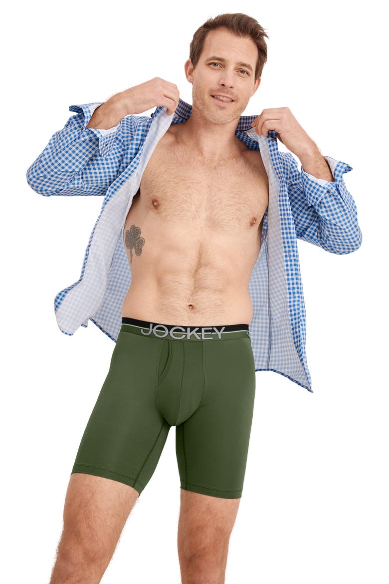 Mens Infinite Cool Microfiber Stretch 8" Long Leg Boxer Brief - 3 Pack, Alternate, color, Military Green/Battleship Grey
