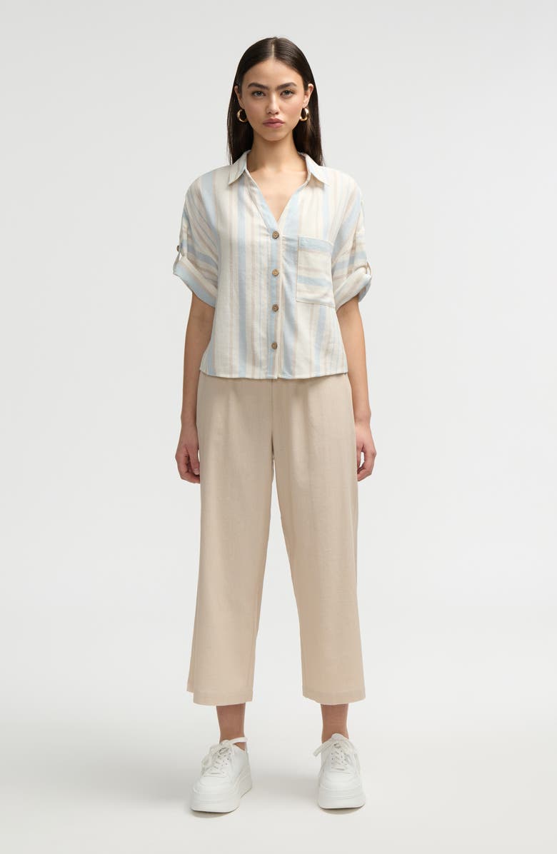 NVLT Short Sleeve Crop Button-Up Shirt, Alternate, color, Blue Natural Stripe