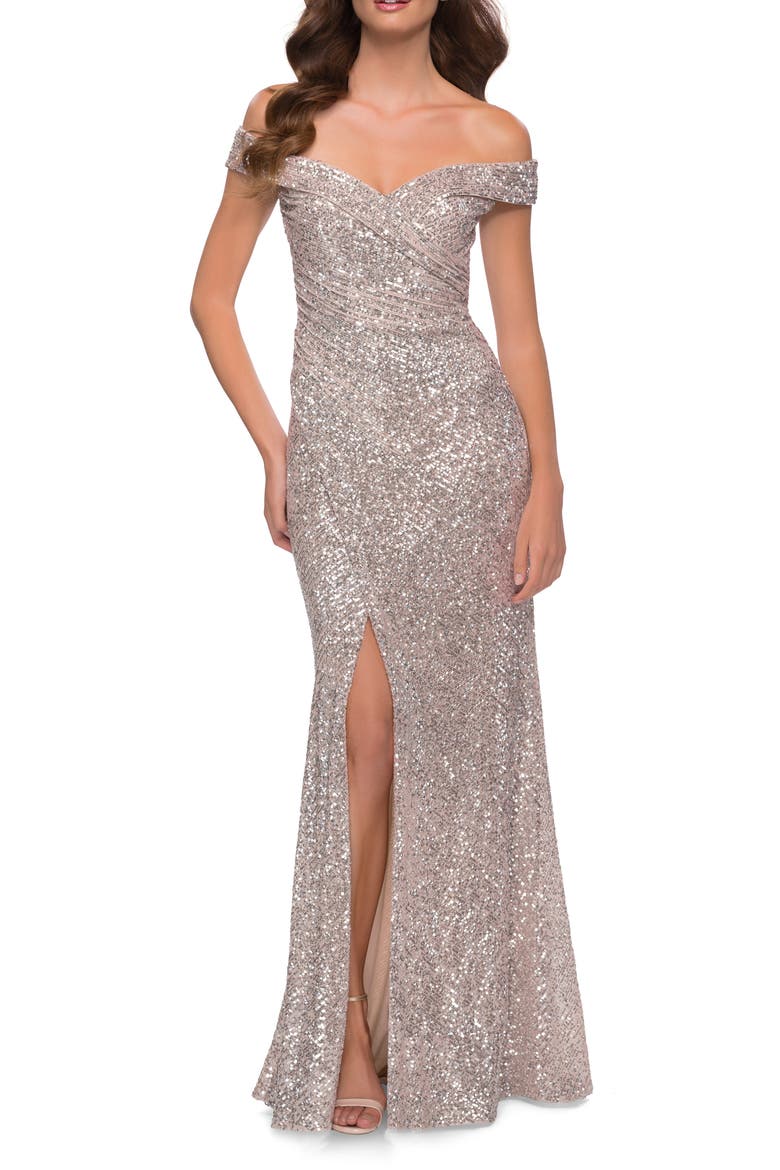 Sequin Off the Shoulder Gown, Main, color, SILVER