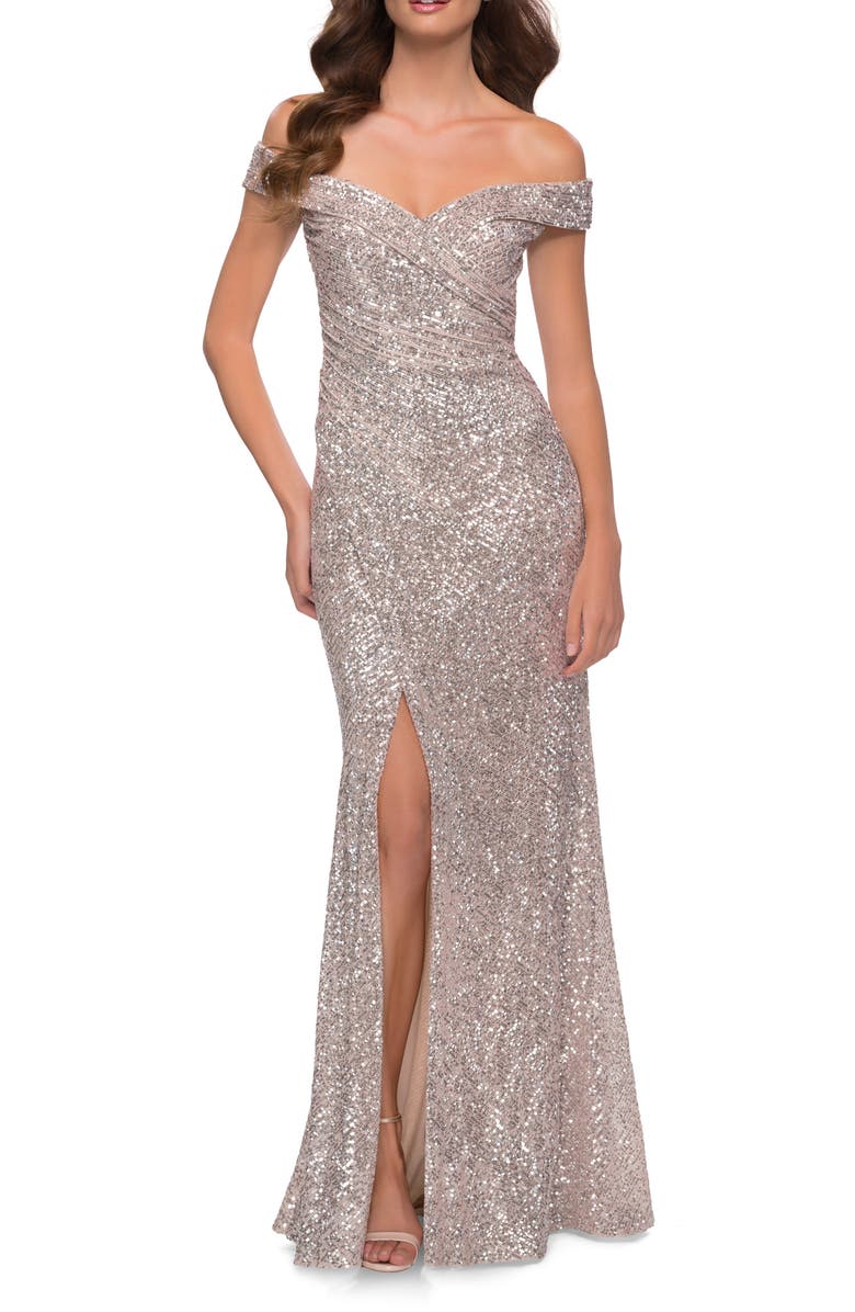 La Femme Sequin Off the Shoulder Gown, Main, color, 
