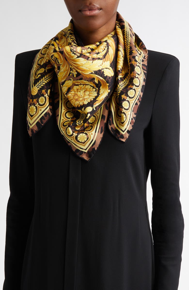 Versace Leopard Print Silk Square Scarf, Alternate, color, 