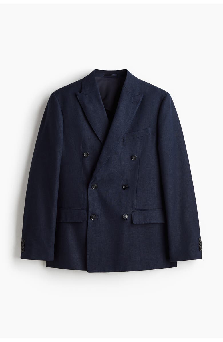 H&M Relaxed Fit Double-breasted Linen-blend Jacket, Main, color, Navy Blue