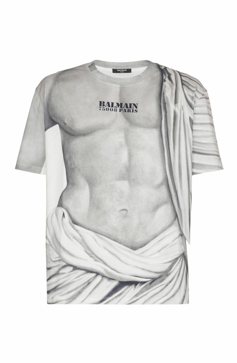 Balmain Logo T-Shirt With Statue Print, Alternate, color, Grey