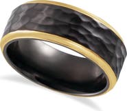 ALLUREZ Men's Hammered Wedding Ring Band 18K Yellow Gold PVD Black Titanium