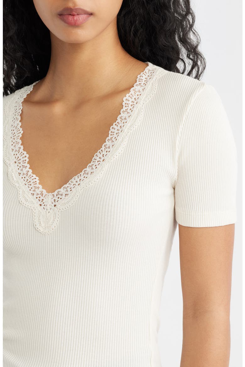 Lace Trim V-Neck Rib Top, Alternate, color, VINTAGE IVORY