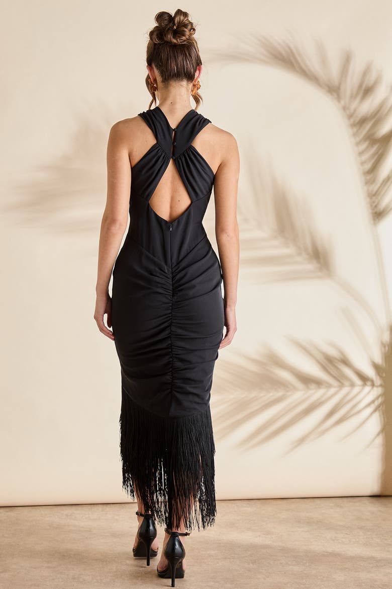 Fringe Hem Cross Neck Midi Dress, Alternate, color, Black