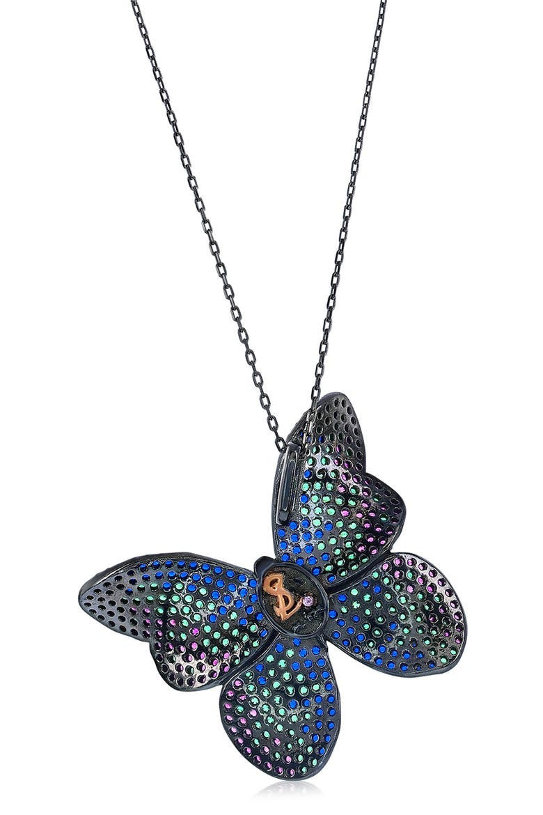 Pavé Cubic Zirconia Butterfly Pendant Necklace, Alternate, color, BLACK