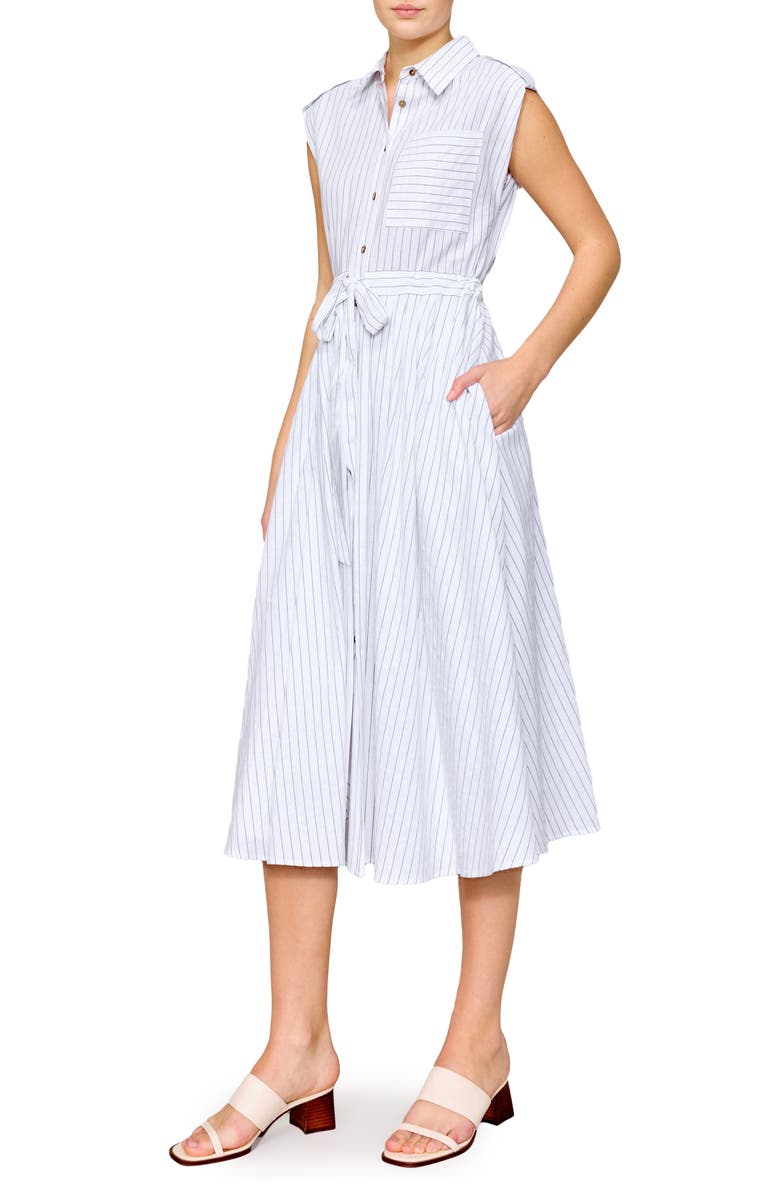 MELLODAY Tie Waist Poplin Midi Shirtdress, Alternate, color, Ivory/ Black Stripe