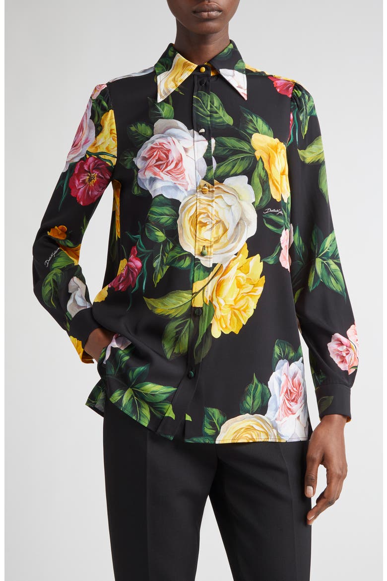 Peony & Rose Floral Charmeuse Button-Up Shirt, Main, color, PEONIE/ ROSE F.NERO