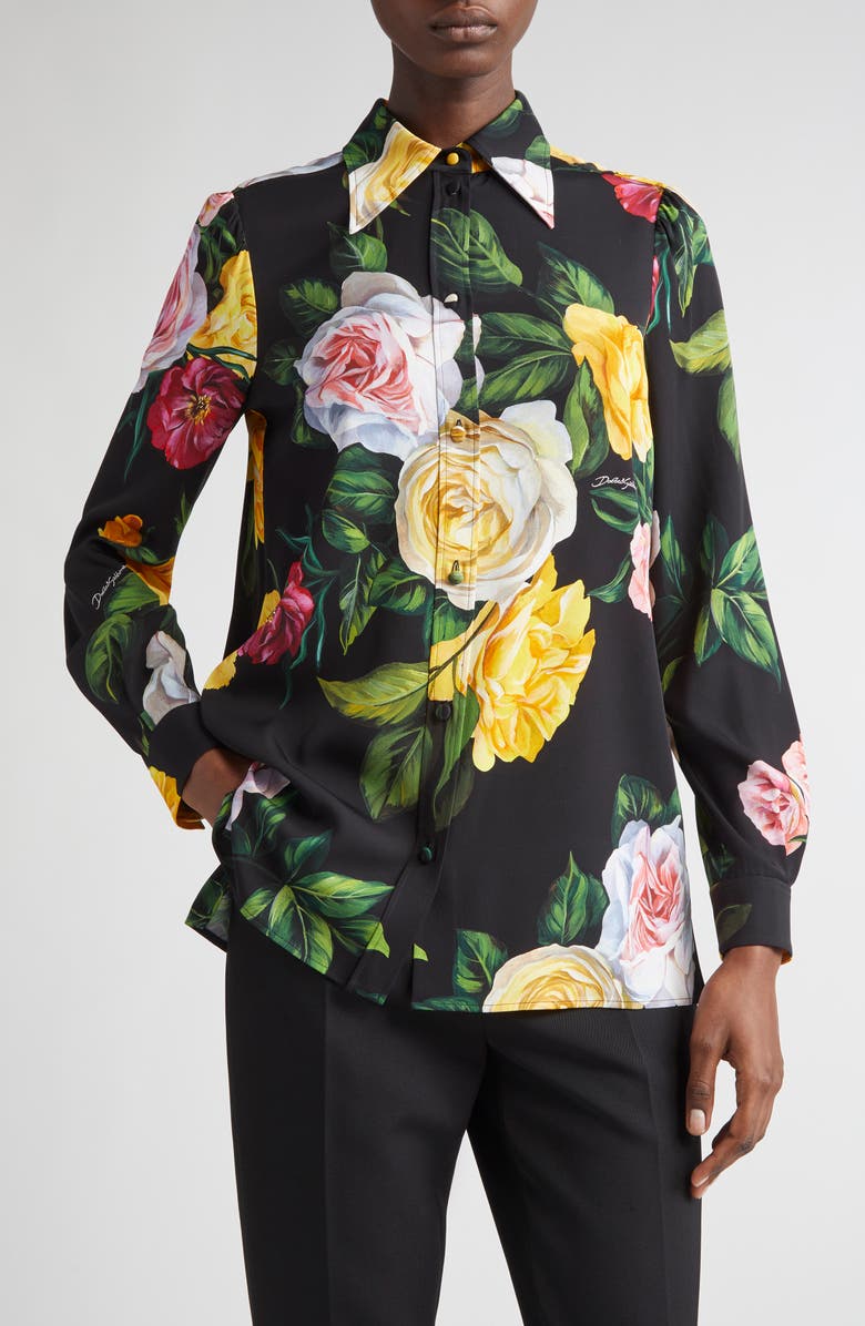 Dolce&Gabbana Peony & Rose Floral Charmeuse Button-Up Shirt, Main, color, Peonie/ Rose F.nero