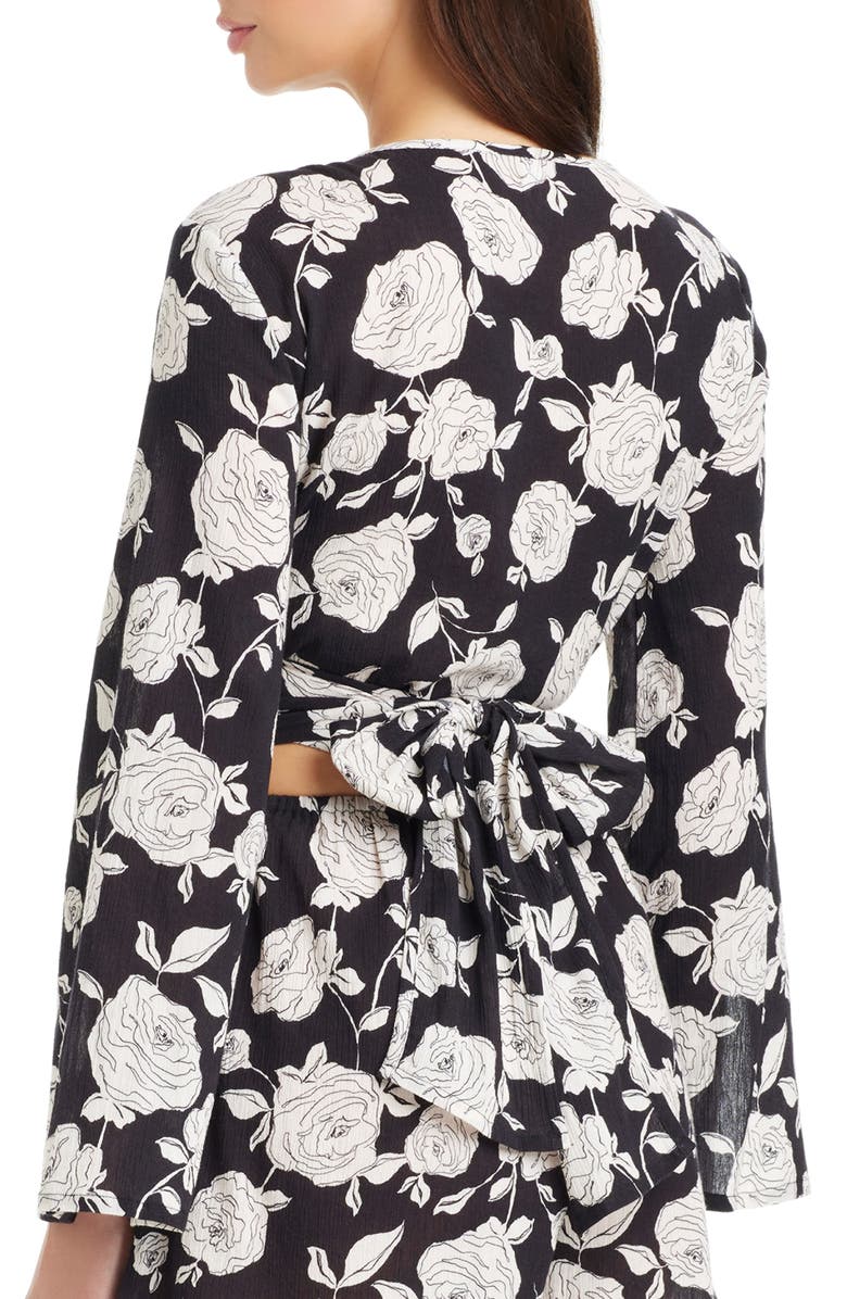 Sanctuary Crinkle Long Sleeve Cotton Wrap Crop Cover-Up Top, Alternate, color, Black