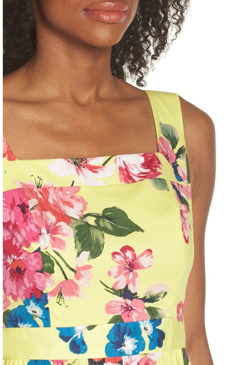 Square Neck Floral Tiered Fit & Flare Midi Dress, Alternate, color, YELLOW/ PINK