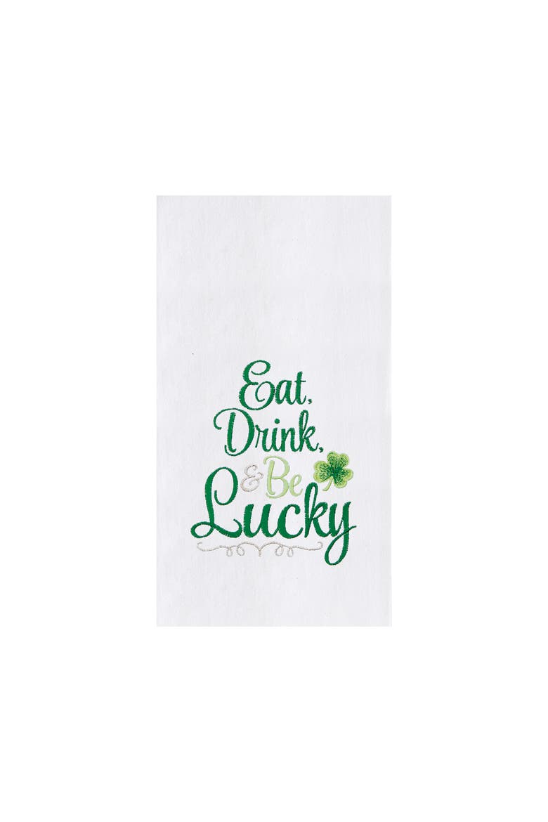 St. Patrick's Day "Eat Drink & Be Lucky" Irish Shamrock Clover Embroidered Flour Sack Kitchen Dishtowel, Main, color, White