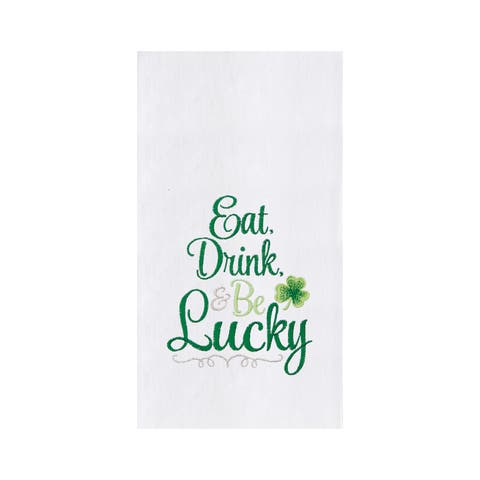 St. Patrick's Day "Eat Drink & Be Lucky" Irish Shamrock Clover Embroidered Flour Sack Kitchen Dishtowel
