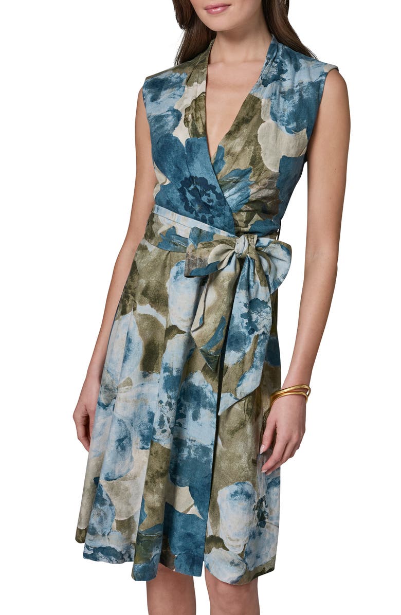 Donna Karan New York Floral Faux Wrap Linen-Blend Dress, Alternate, color, Washed Indgo