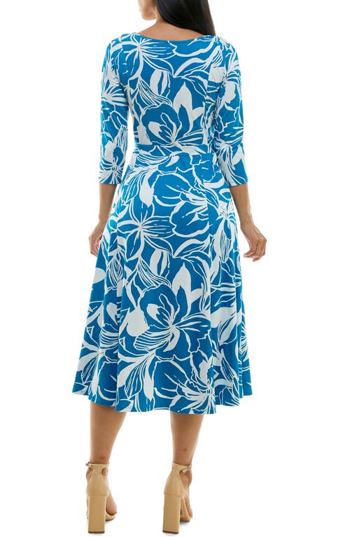 Shop Nina Leonard Crewneck Three-quarter Sleeve Midi Dress In Jaybird/white