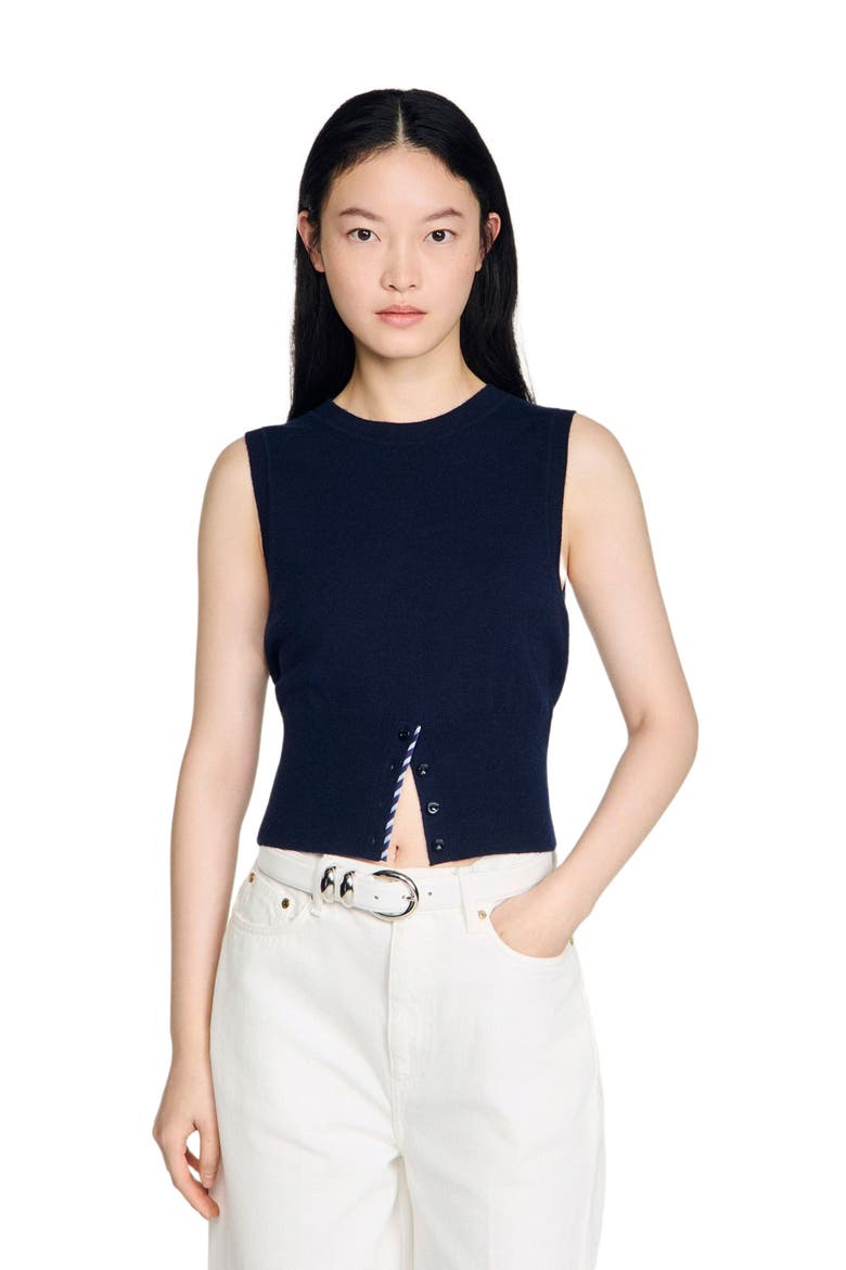 Cropped stripy wool-cashmere sweater, Main, color, Navy blue