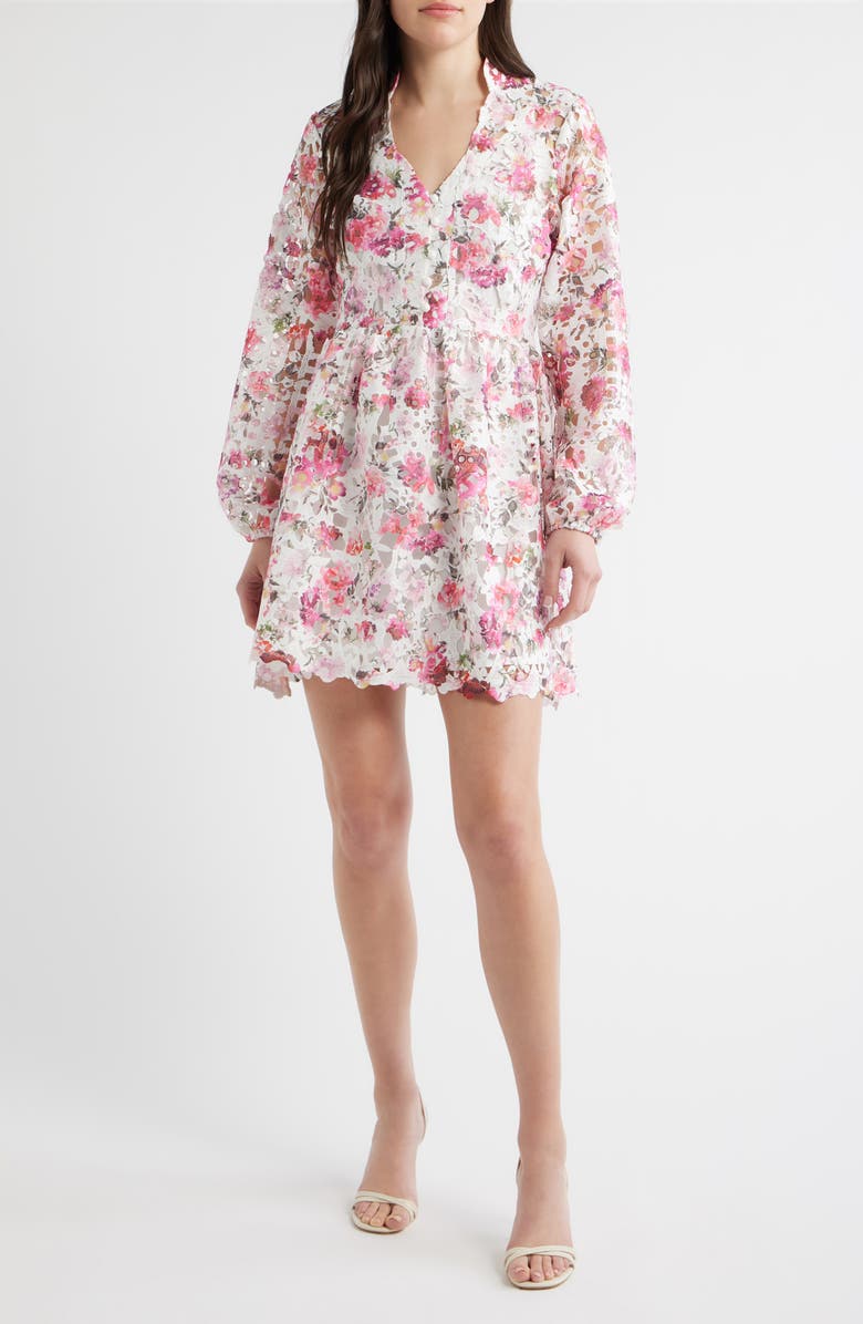 LAYERED WITH LOVE Bianca Floral Printed Long Sleeve Lace Minidress, Main, color, Pink Multi