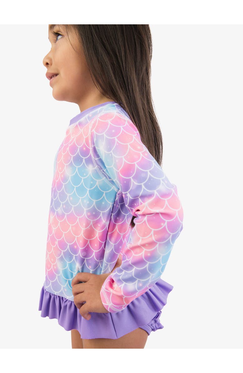 RuffleButts Girls UPF50+ Long Sleeve Rash Guard Bikini, Alternate, color, Shimmer Mermaid Tale