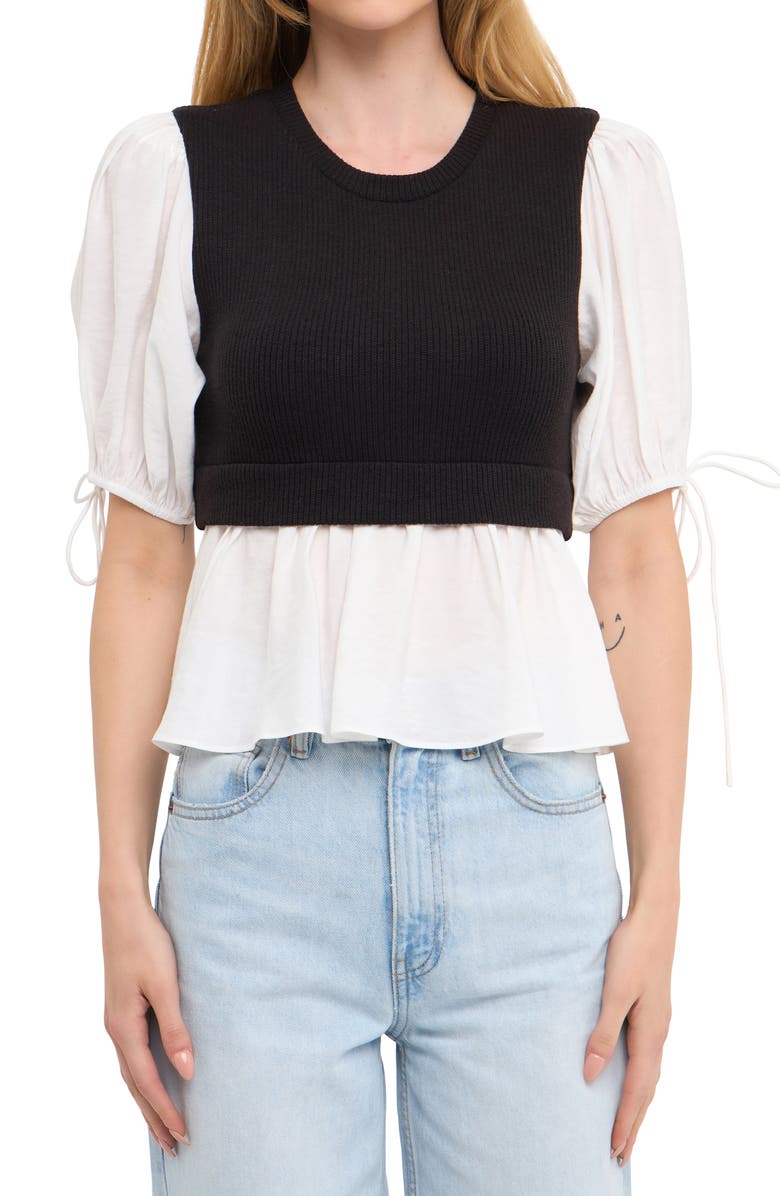 English Factory Mixed Media Puff Sleeve Top, Main, color,