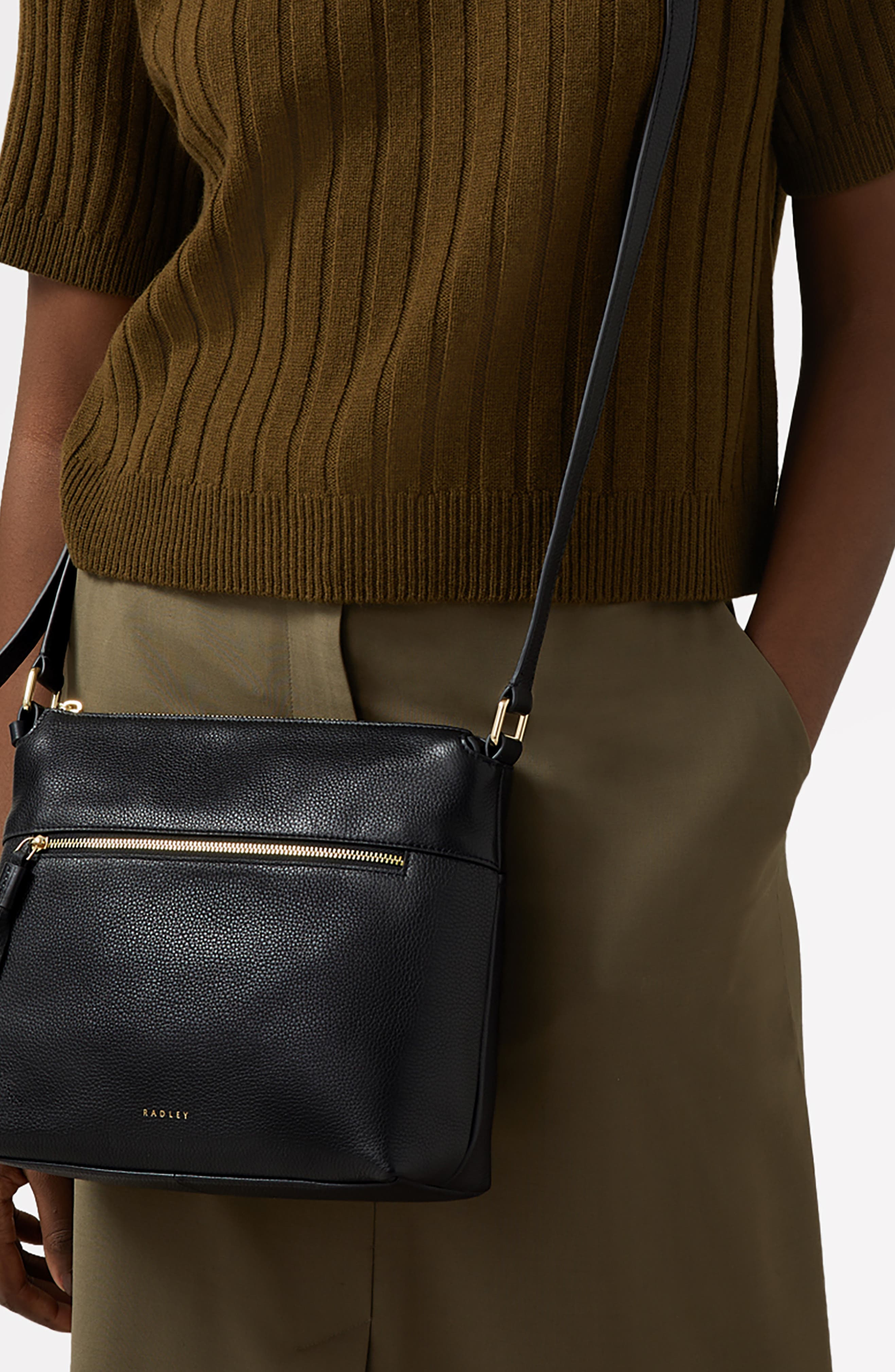 Radley Fountain Mews Small Zip Top Leather Crossbody Bag, Alternate, color, Black