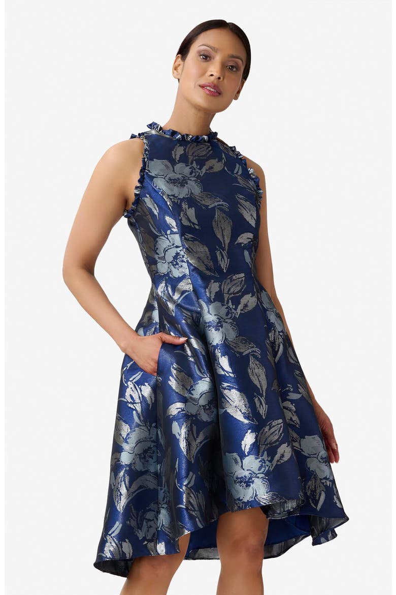 Ruffle Jacquard High-Low Cocktail Dress, Alternate, color, ROYAL/ DUSTY BLUE