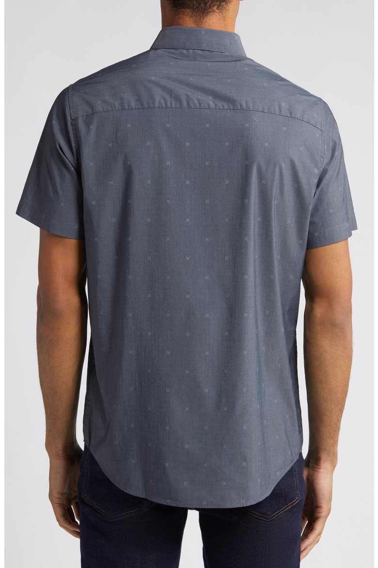 Across the Pond Geo Print Short Sleeve Stretch Button-Up Shirt, Alternate, color, HEATHER BLACK
