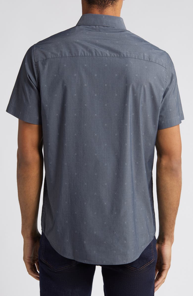 TravisMathew Across the Pond Geo Print Short Sleeve Stretch Button-Up Shirt, Alternate, color, Heather Black