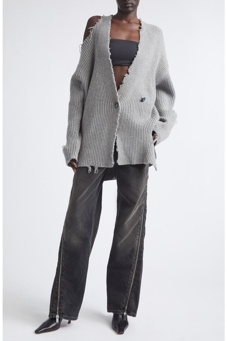 Courtny Oversize Destroyed Rib Merino Wool Cardigan, Alternate, color, GREY