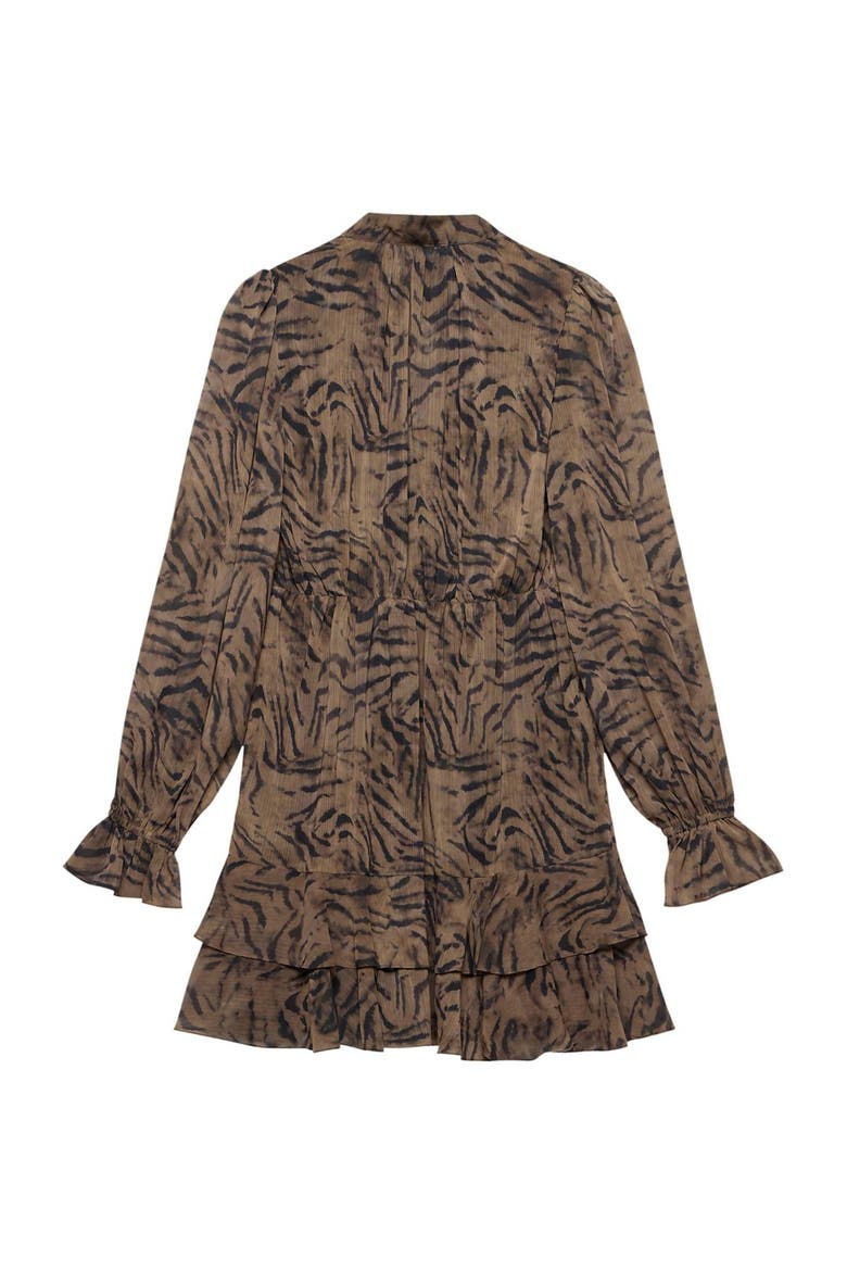 Long Sleeve Printed Ruffle Mini Dress, Alternate, color, Brown