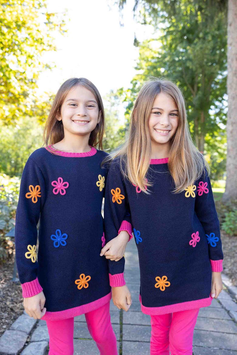Sweater Tunic With Flowers And Leggings, Alternate, color, Pink, White, Navy