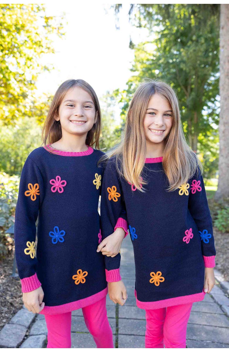 Florence Eiseman Sweater Tunic With Flowers And Leggings, Alternate, color, Pink, White, Navy