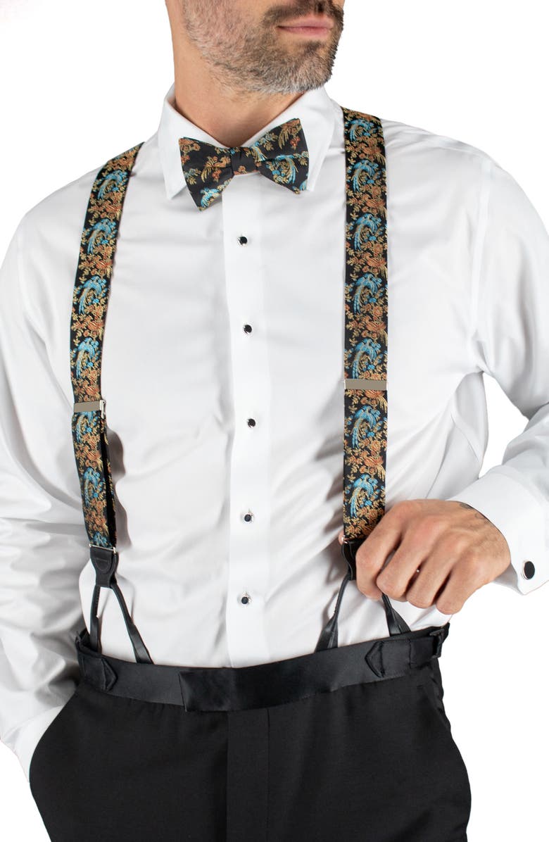 Trafalgar Birds of Paradise Floral Silk Suspenders, Alternate, color, Black