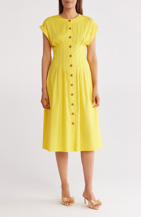 Short Sleeve Button Front Cotton Blend Midi Dress