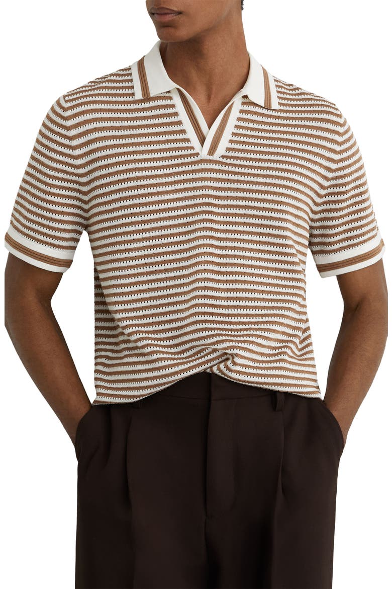 Carlford Stripe Pointelle Stitch Knit Polo, Main, color, CAMEL/ OFF WHITE