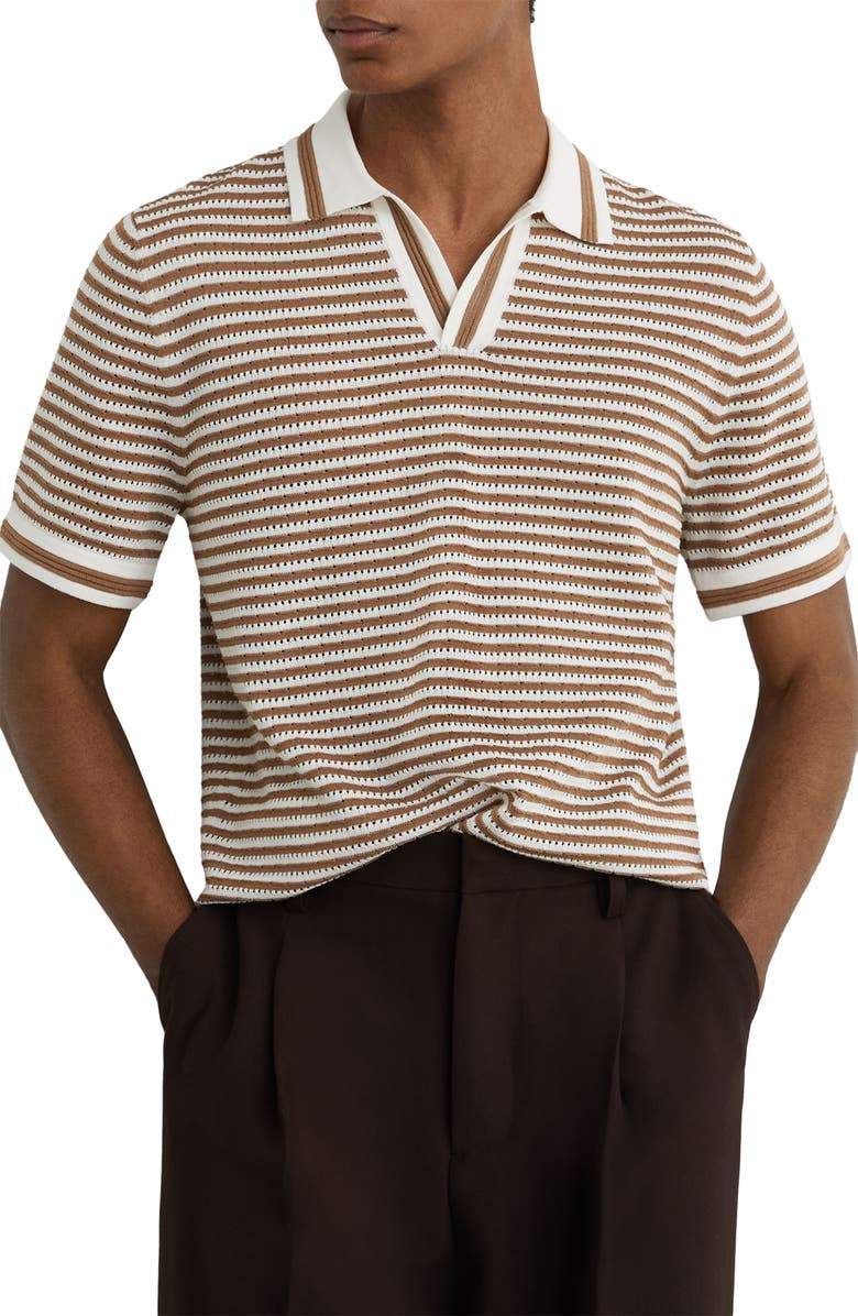 Reiss Carlford Stripe Pointelle Stitch Knit Polo, Main, color, Camel/ Off White