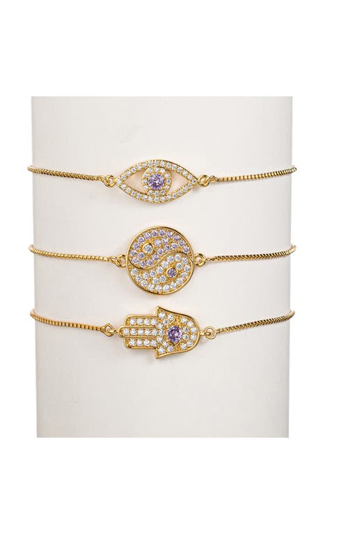 Eye Candy Los Angeles Set Of 3 Yin & Yang Hamsa Evil Eye Slider Bracelets In Gold